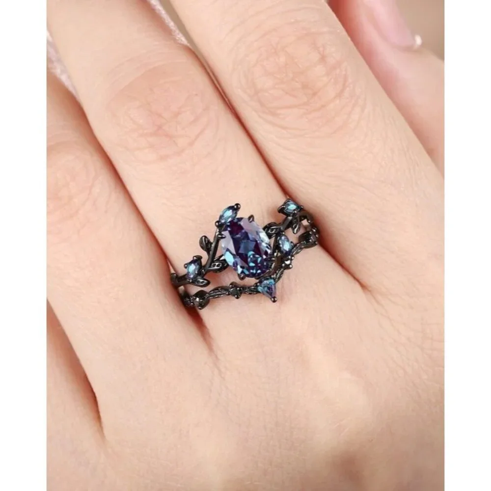 Pear Cut Alexandrite & Moissanite 2 piece Bridal Wedding engagement ring Rhodium
